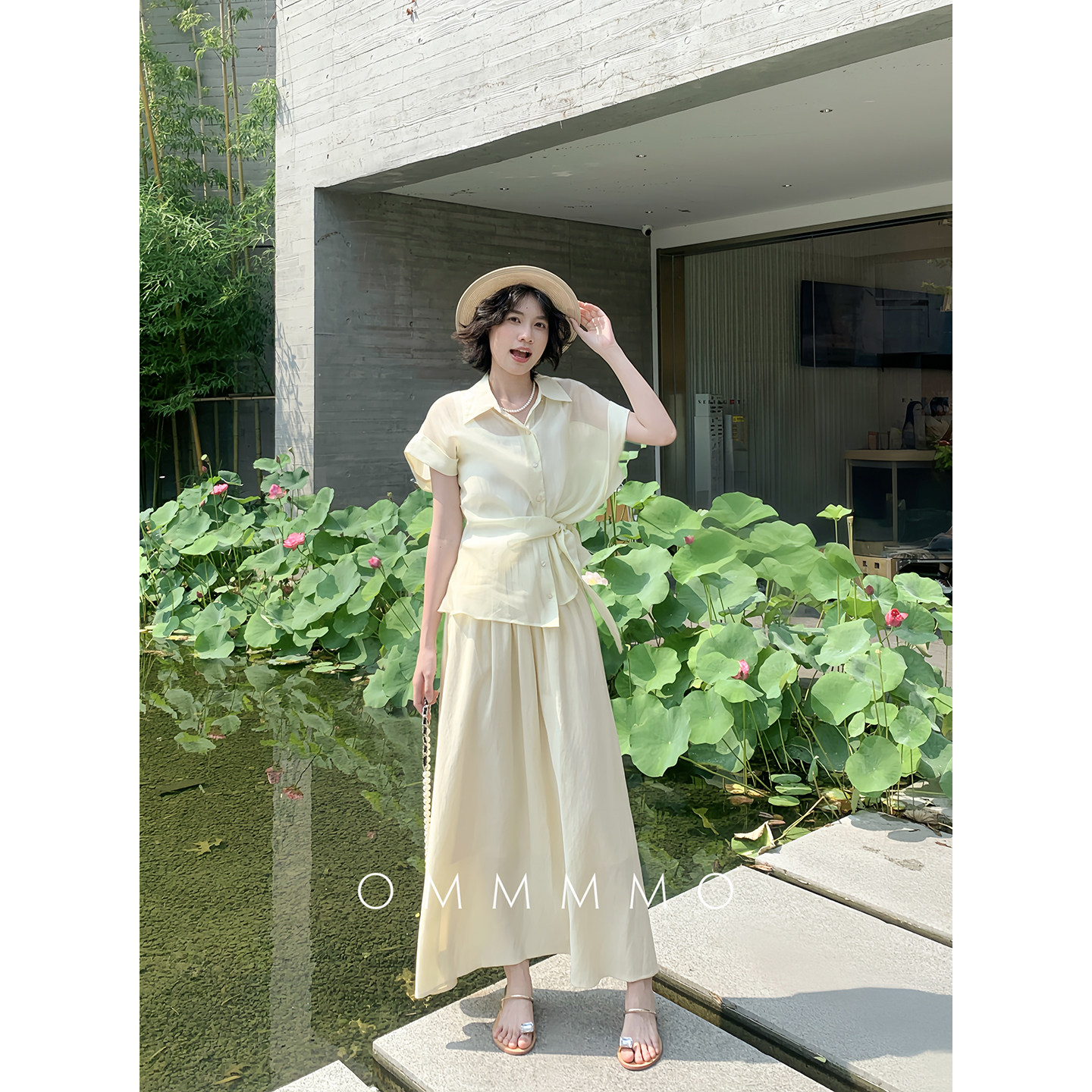 OMMMMO夏季法式围裹式系绑收腰短袖衬衣显瘦半身裙女休闲气质套装