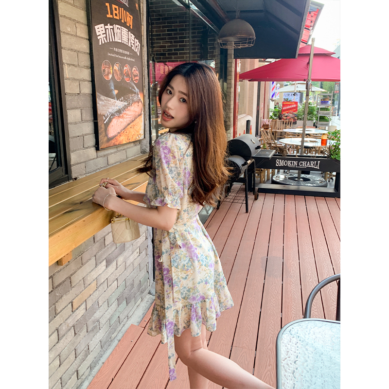 田园风双层荷叶边雪纺碎花百褶裙