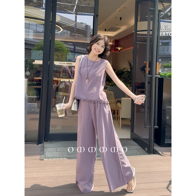 OMMMMO 夏季新款优雅减龄显瘦无袖上衣阔腿裤休闲气质女两件套装