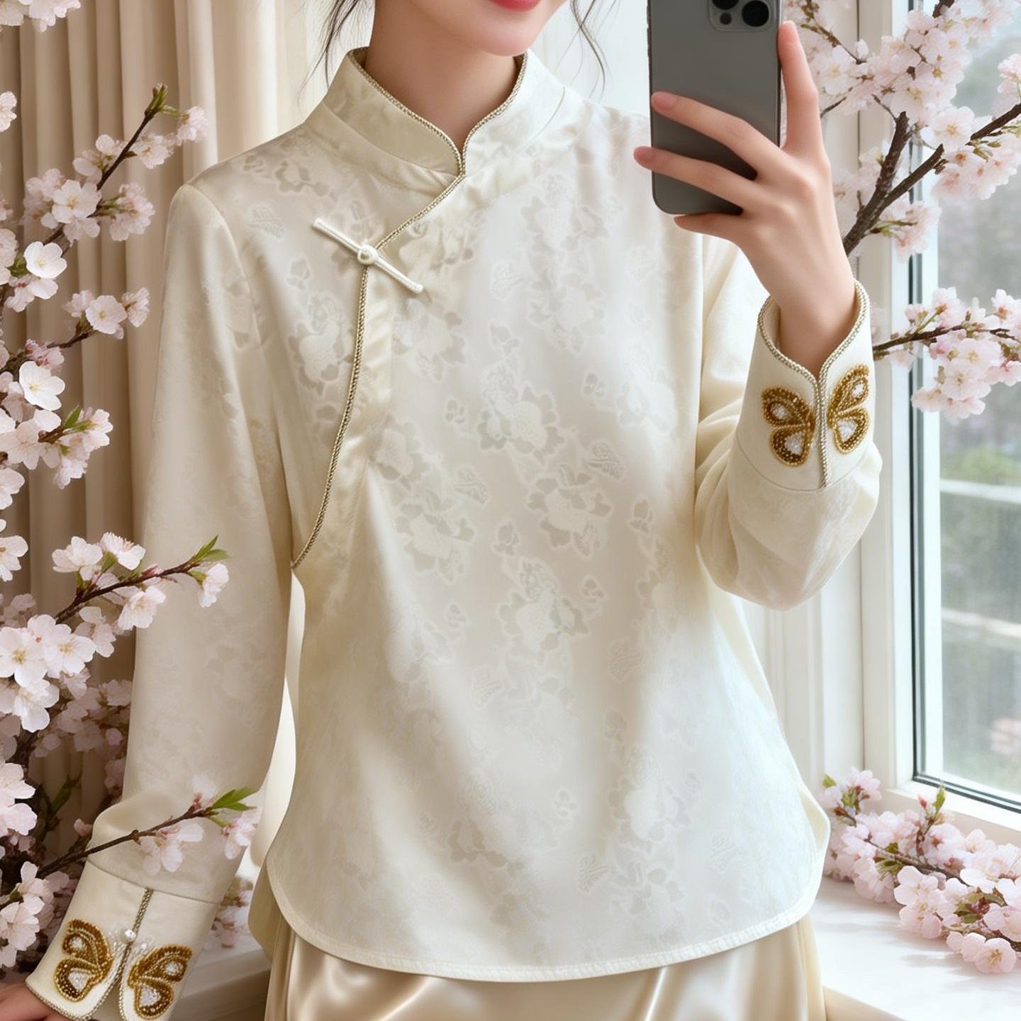 新中式上衣女2026春夏新款立领斜襟民国盘扣复古刺绣国风长袖衬衣