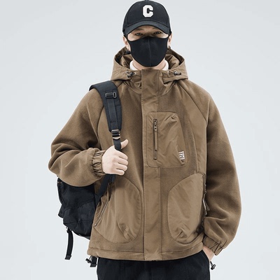 潮夹克外套冬季成熟痞帅男装摇粒绒棉衣抓绒衣加厚保暖连帽冲锋衣