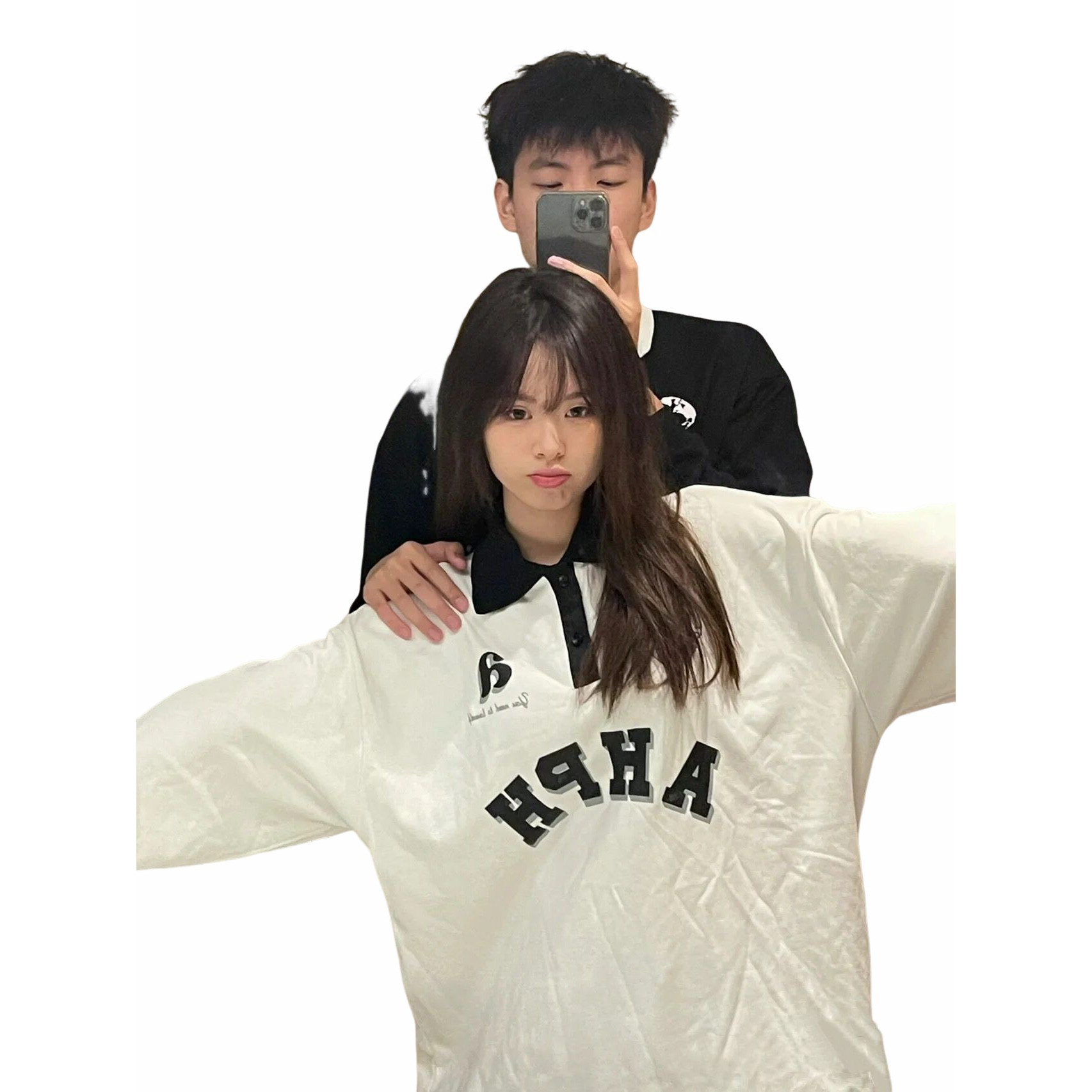 FASHION 6535 FISH SCALE BACK COLLAR PRINT PRE-FALL POLO SHIRT LOOSE T-SHIRT SWEATSHIRT LONG SLEEVE COUPLE TOP