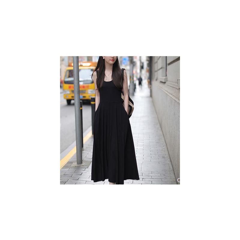 고급 대기 프렌치 슬림 블랙 서스펜더 드레스 여성 여름 착용 햅번 리틀 블랙 드레스 슬림 바닥 다목적 스티치