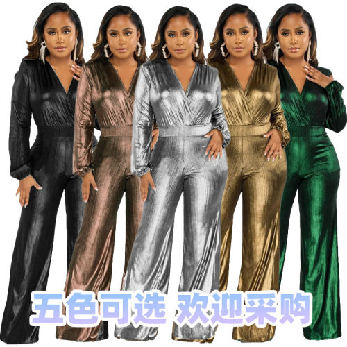 YL9078跨境亚马逊新款 欧美爆款性感V领高弹力烫金银女装连体裤