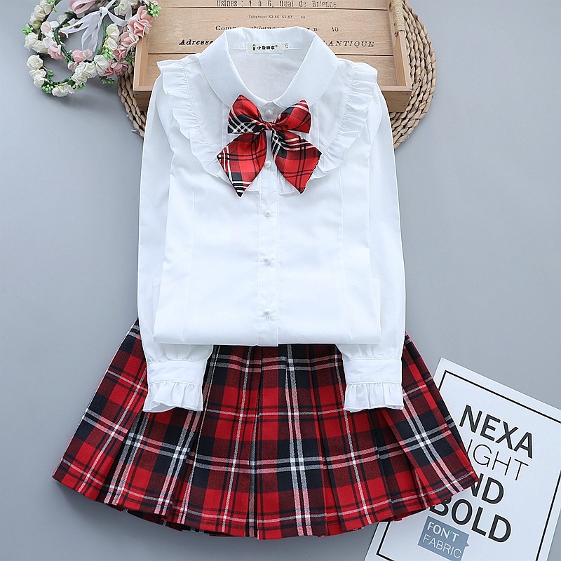 女童秋装套装校服洋气小学生童装小女孩纯棉白色长袖衬衫格子短裙