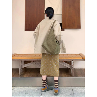 日系复古抽绳黄色波点针织半身裙女秋冬学院风文艺直筒包臀毛衣裙
