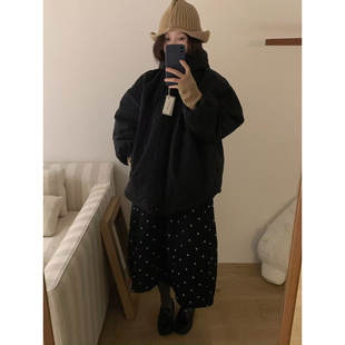 日系设计感黑色波点夹棉灯芯绒半身裙女秋冬学生松紧腰加厚中长裙