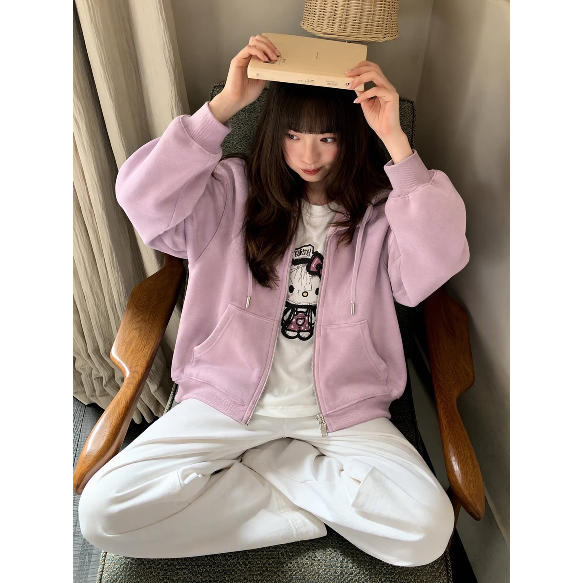 日系甜美香芋紫拉链加绒卫衣外套学院风女加厚银狐绒连帽拉链开衫