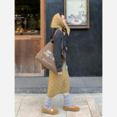 自制日系复古黄色波点半身裙女秋温柔学院风抽绳弹力直筒包臀中裙