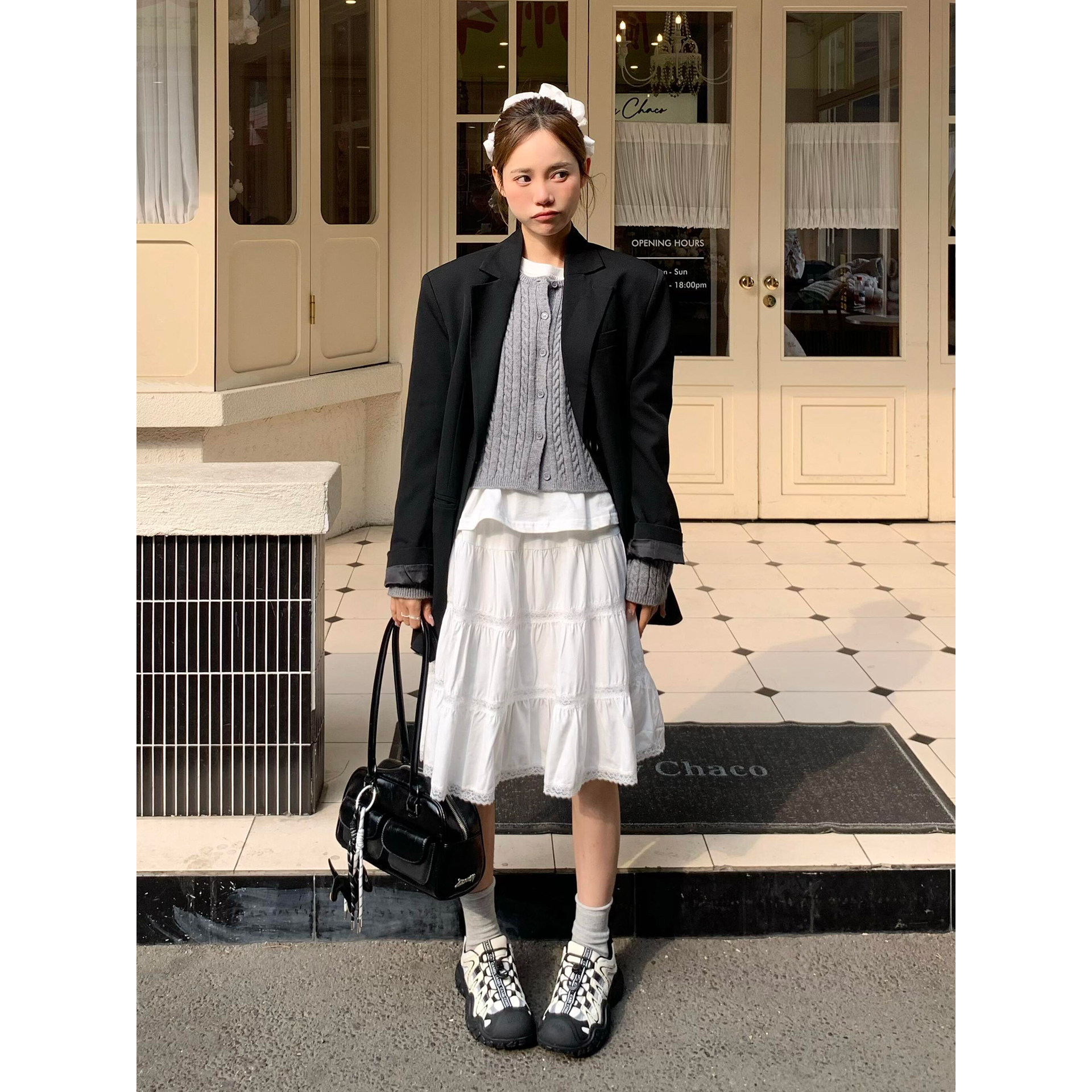 日系温柔风白色拼接蛋糕裙女春季小众设计感甜美显瘦蕾丝花边短裙