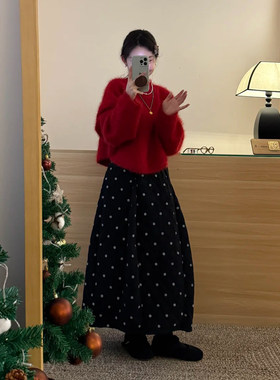 日系赫本风黑色波点半身裙女秋冬
