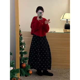 日系赫本风黑色波点半身裙女秋冬季加厚学院风复古百搭a字中长裙