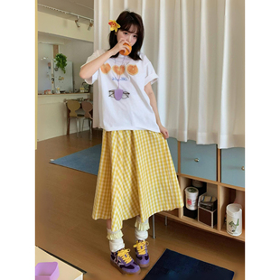 日系元气少女黄白格子半身裙春夏学院风小清新休闲格纹a字中长裙
