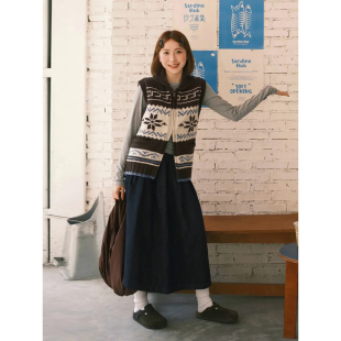 日系工装 风深蓝色高腰a字半身裙女学院风文艺复古显瘦牛仔中长裙