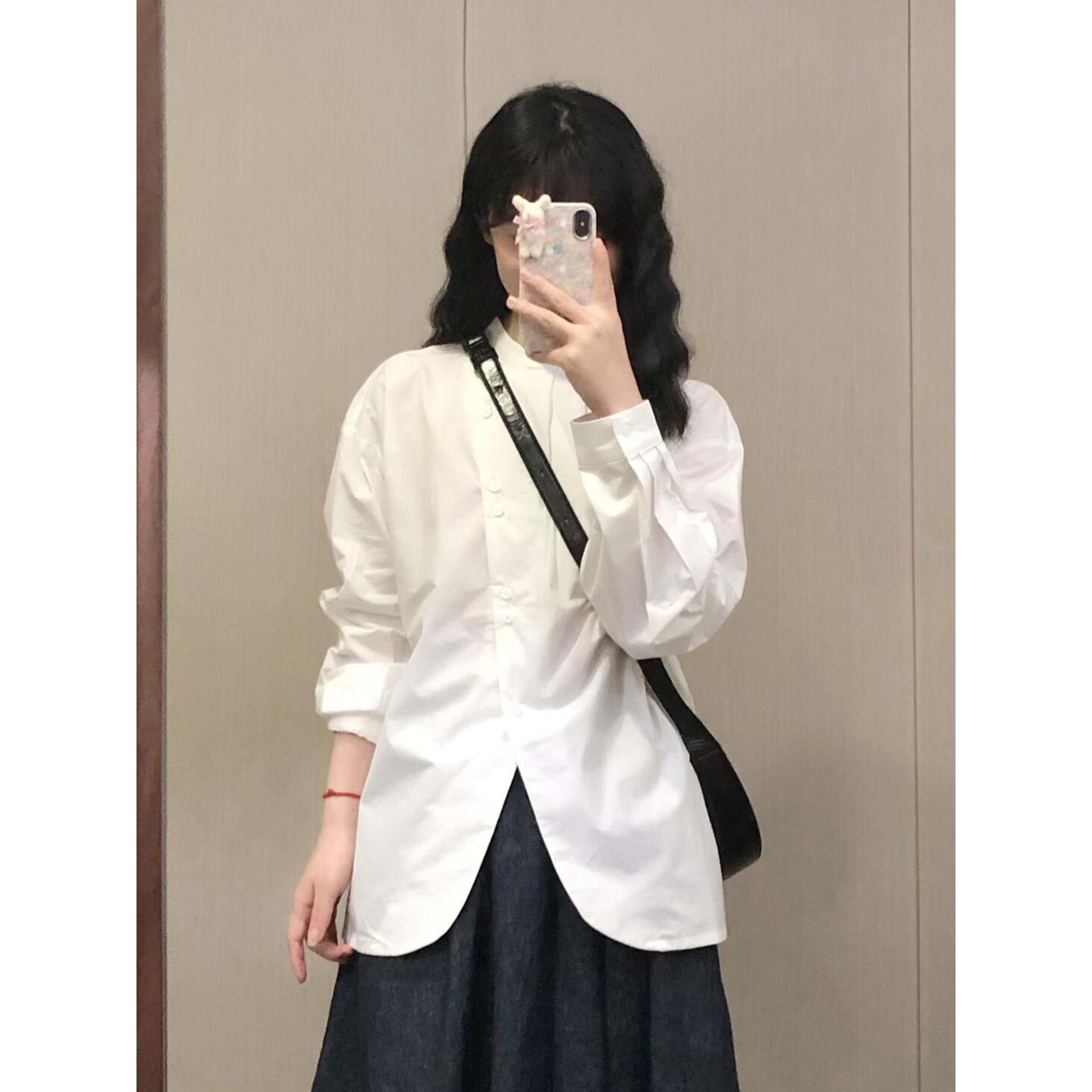 自制日系通勤风白色小众圆领衬衫女春季设计感斜门襟弧形长袖衬衣