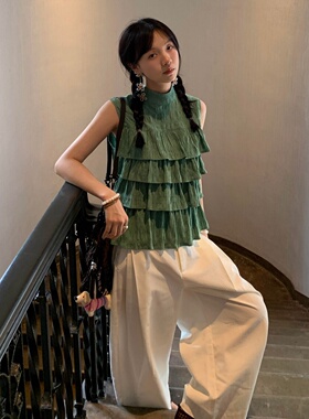 自制日系复古森绿色层次感蓬蓬衬衫少女甜美温柔肌理感无袖上衣夏