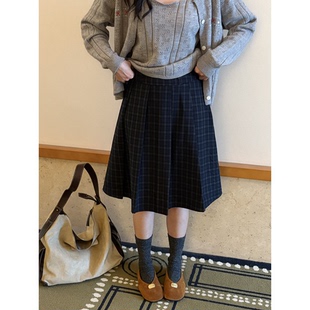 甜美日系复古jk学生蓝色格子百褶裙女秋冬小个子百搭显瘦半身中裙