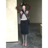 自制日系复古气质高腰半身裙女秋小个子学生包臀直筒中裙毛衣套装