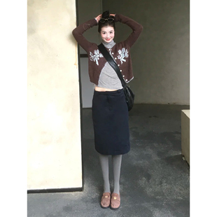 自制日系复古气质高腰半身裙女秋小个子学生包臀直筒中裙毛衣套装