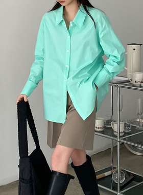 自制日系清新果绿色衬衫ins春秋季湖绿色柔软舒服纯棉打底衬衣女