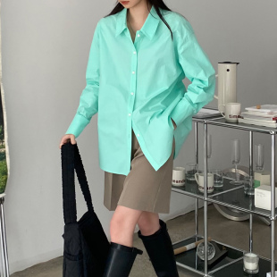 自制日系清新果绿色衬衫ins春秋季湖绿色柔软舒服纯棉打底衬衣女
