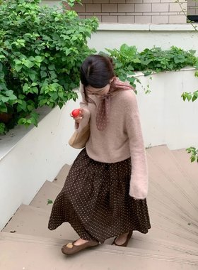 日系复古棕色波点半身裙女