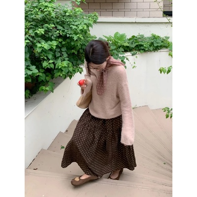 日系复古棕色波点半身裙女