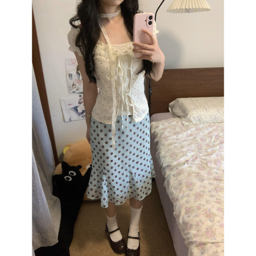 日系学院风baby蓝波点修身鱼尾裙