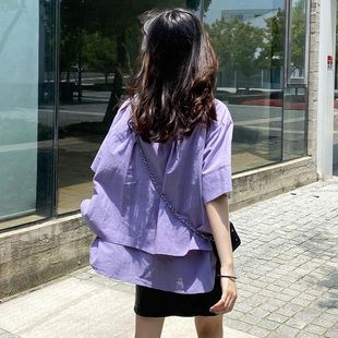 ins潮设计感小众温柔衬衣 自制日系分层不规则衬衫 女薰衣草紫短袖