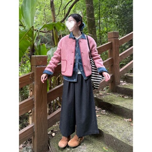 自制日系藕粉色中式甜美小香风外套秋冬复古盘扣圆领短款毛呢大衣