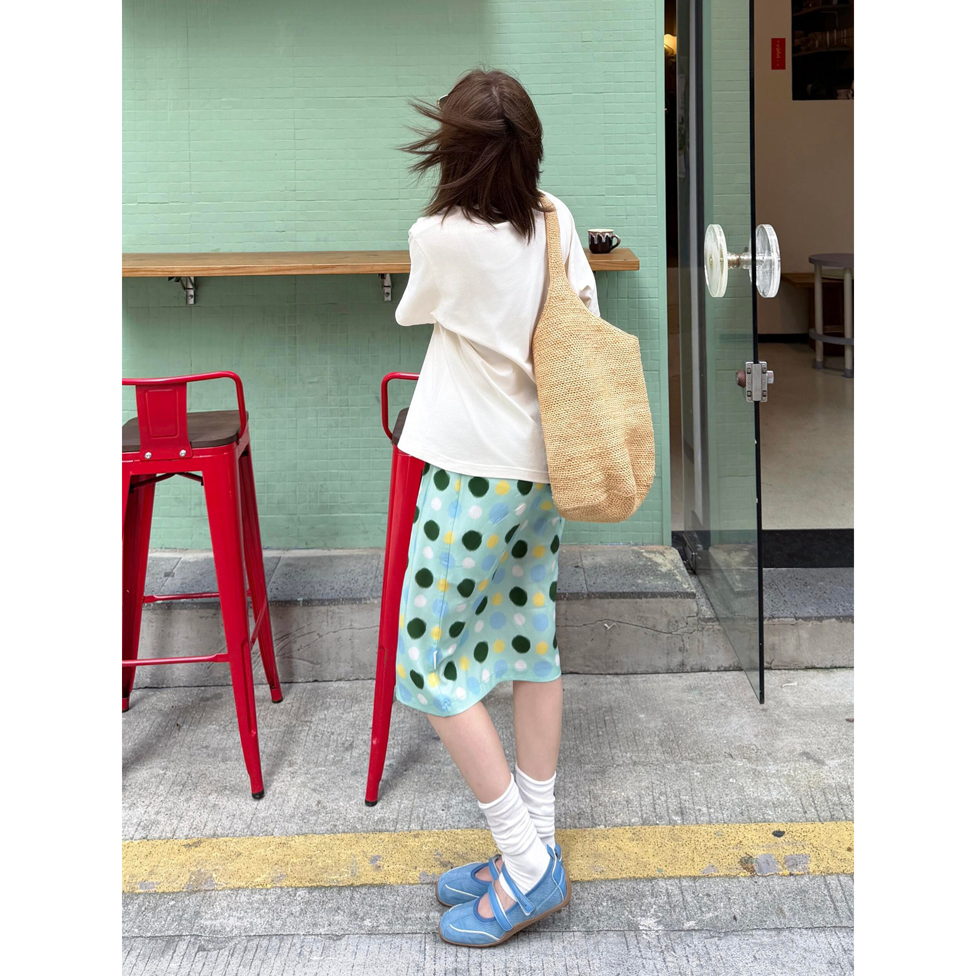 日系小清新绿色波点直筒显瘦半身裙女夏季学院风文艺撞色高腰中裙