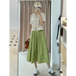 自制日系工装 a字伞裙 风牛油果绿色半身裙女夏多巴胺小清新中长款