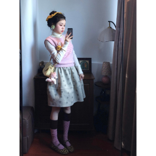 甜美日系杏色碎花拼接花苞中裙秋冬可爱复古少女学生毛呢半身短裙