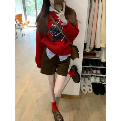 甜美日系圣诞红色圆领毛衣女
