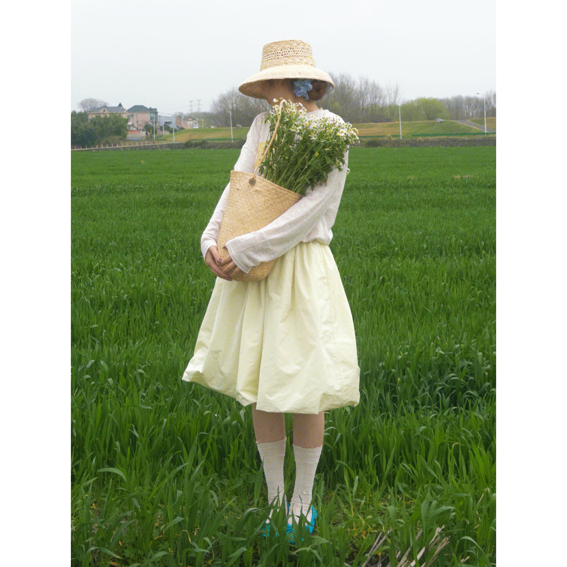 日系田园风淡黄色蓬蓬花苞中裙女春小个子空气感温柔风百搭半身裙