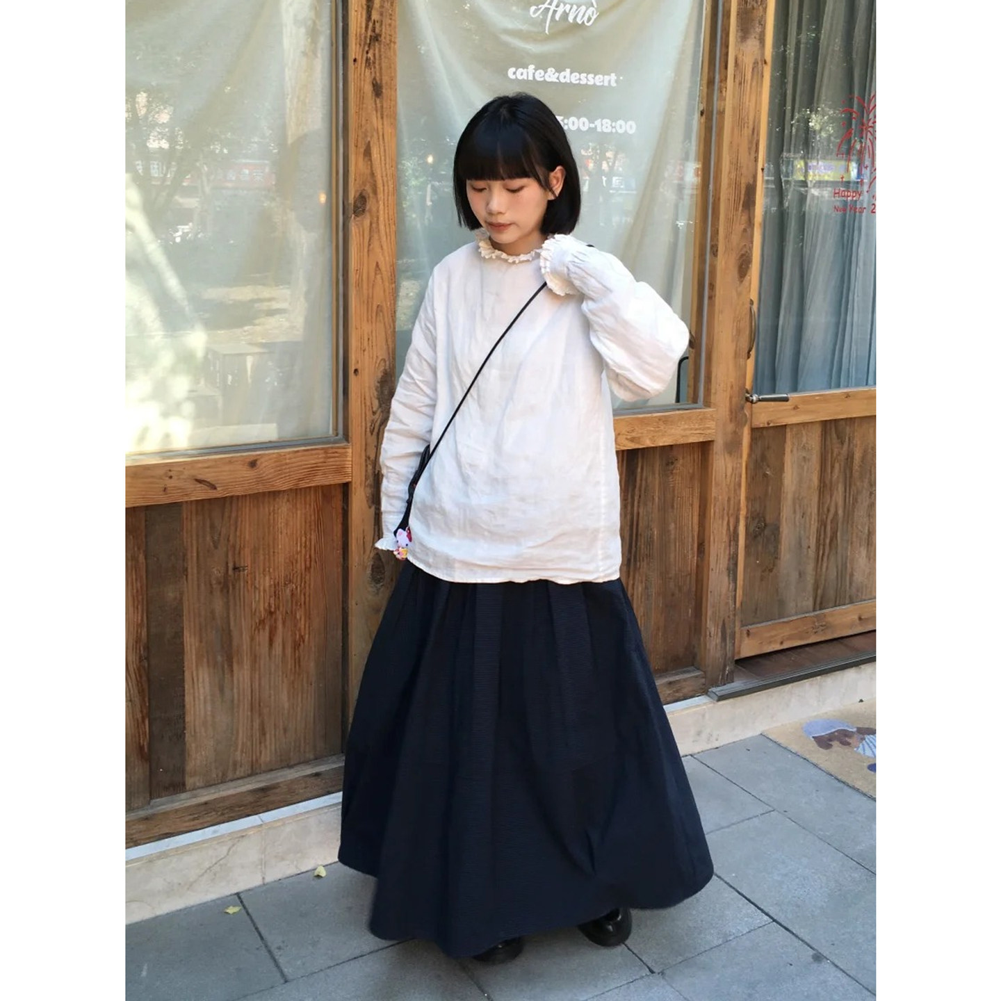 自制日系设计感白色荷叶边长袖衬衫女学院风文艺压褶立领套头衬衣