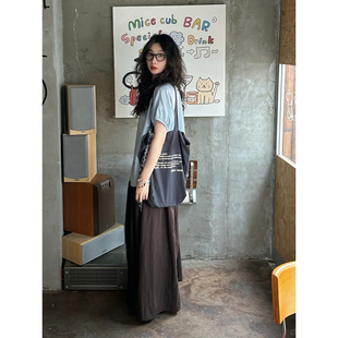 自制日系复古棕色中长款 半身裙女夏甜美学生高腰显瘦遮跨大摆伞裙