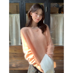 日系慵懒风橘粉色保暖圆领长袖毛衣女秋冬学院风气温柔套头针织衫