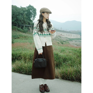 自制日系工装 直筒裙 风设计感棕色开叉半身裙女秋冬复古学生中长款