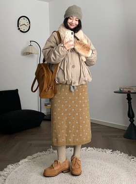 日系工装风芥黄色波点针织半身裙女秋冬设计感复古直筒包臀半身裙