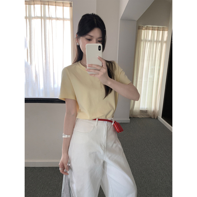 纯欲风正肩圆领短袖休闲T恤