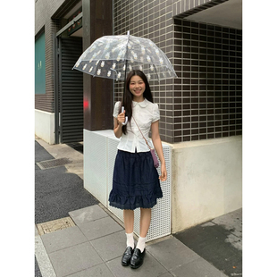自制日系藏青色荷叶边半身短裙女夏甜美设计感复古拼接高腰a字裙