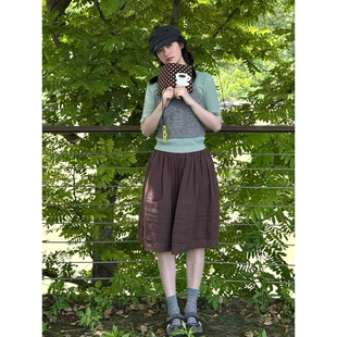 日系复古棕色蕾丝花边半身裙夏文艺风少女学生显瘦松紧腰a字中裙