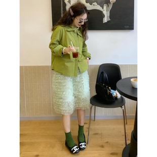 日系小清新芥末绿系带领长袖衬衫女秋季学院风小众设计感宽松衬衣