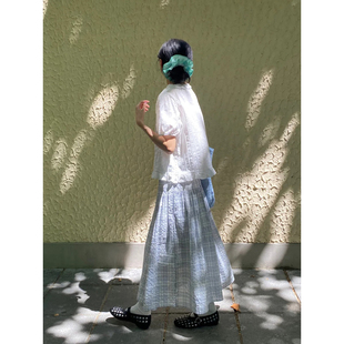 日系甜美复古蓝白格子半身裙女夏学院风文艺拼接格纹a字中长裙子