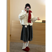 日系高级感深灰色毛呢半身裙女秋冬加厚学生复古显瘦遮跨呢子中裙