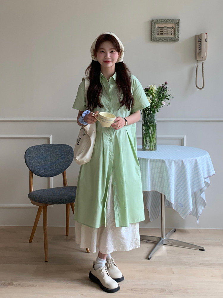 自制日系豆绿色小个子衬衫裙女学生夏季森系甜美叠穿短袖连衣裙