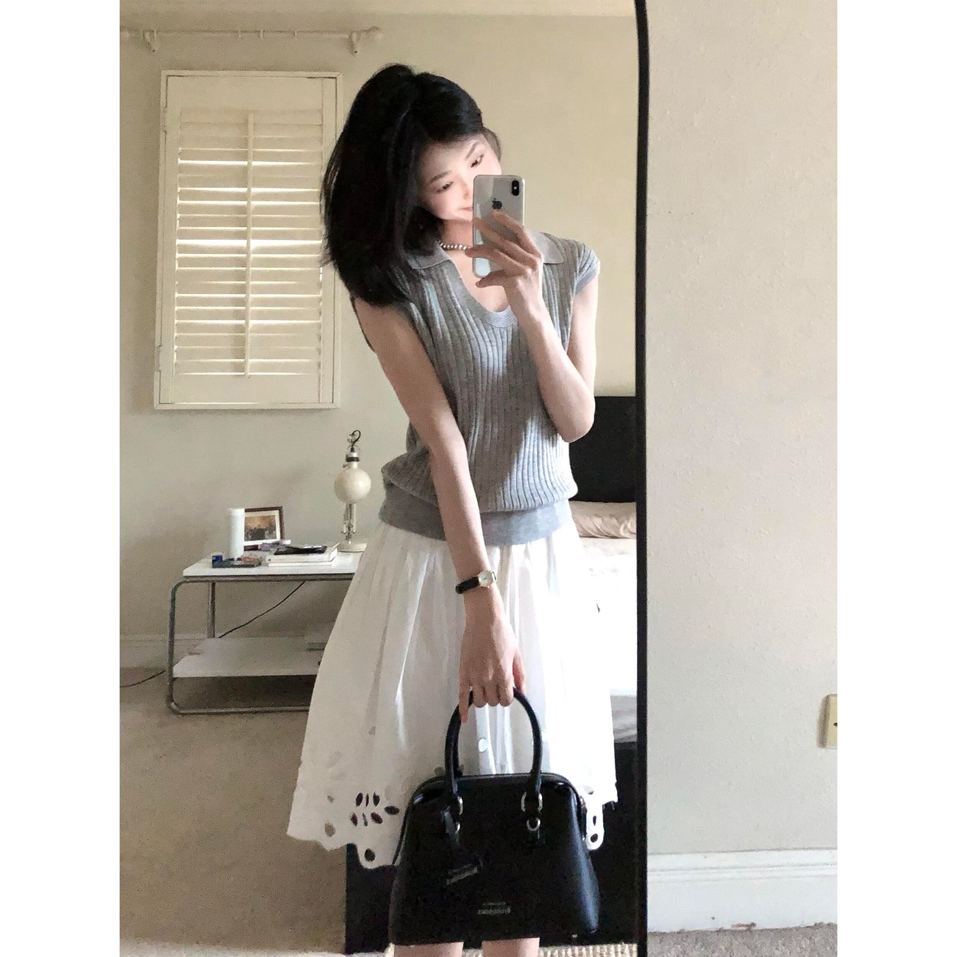 自制日系简约白色高腰a字短裙女小众设计感镂空花朵显瘦半身中裙