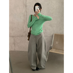 日系温柔风薄荷绿圆领针织衫女秋冬奶fufu修身显瘦长袖打底衫上衣