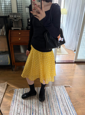 日系甜美黄色波点垂感半身裙女春夏简约学院风显瘦肌理感a字中裙